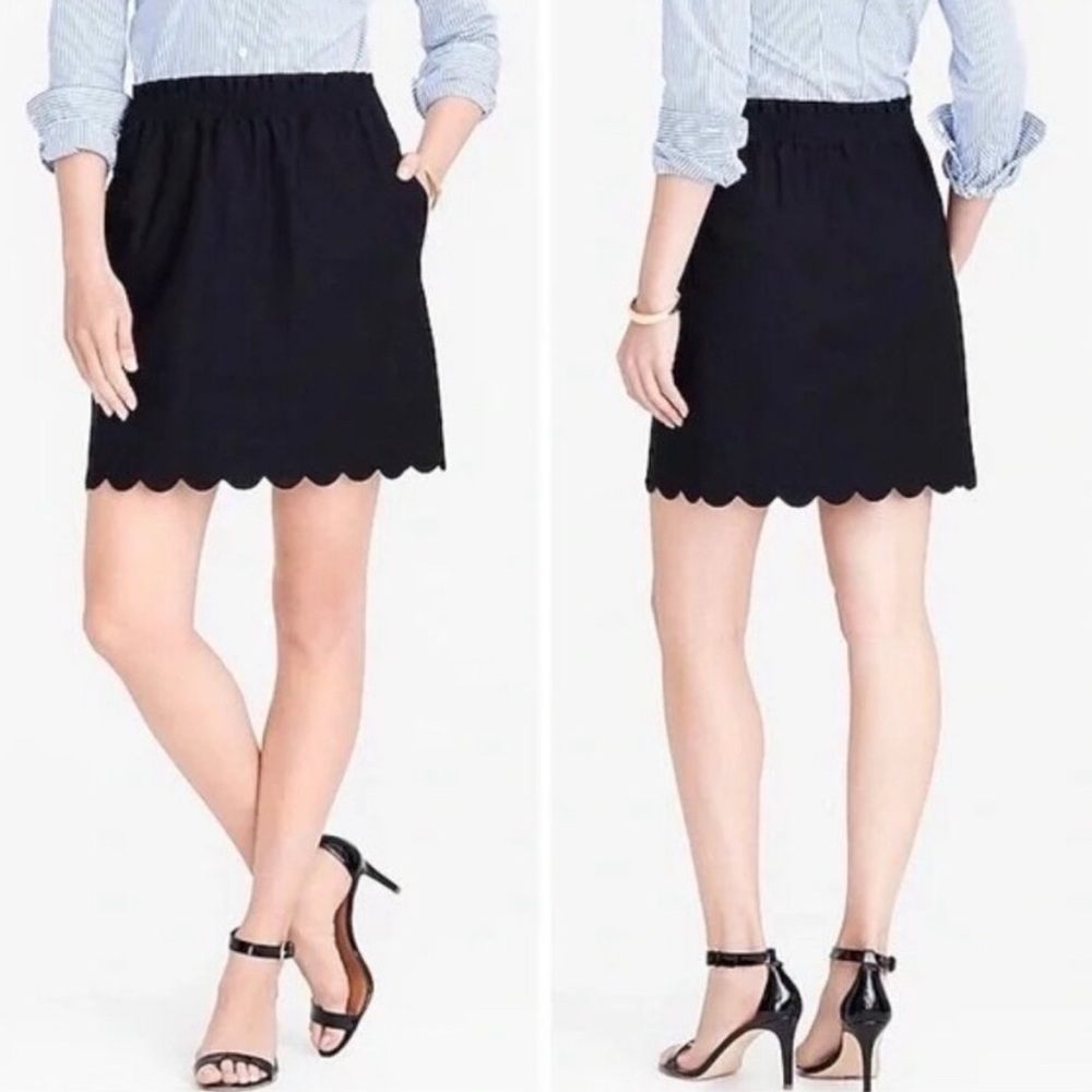 J. Crew Black Scallop Hem Linen Mini Skirt 12 A-Line Boho Resort Office Work Mod
